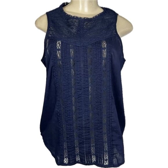 Gap M Navy Lace Front Keyhole Button Back Curved Hem Cotton Sleeveless Blouse - Picture 2 of 5